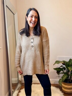 Cupshe Beige Waffle-Knit V-Neck Henley Sweater